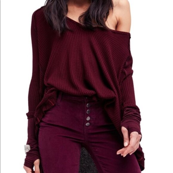 FP Maroon Red Laguna Thermal Waffle Knit Long-Sleeve Tunic Top with Thumbholes - Picture 1 of 6